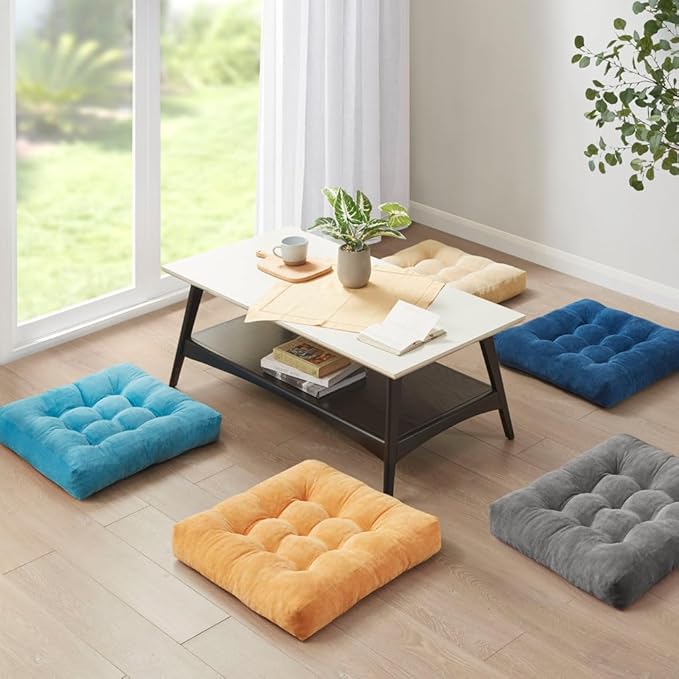 Meditation Floor Pillow Set of 2, Square Large Pillows Seating for Adults, Tufted Corduroy Cushion for Tatami Living Room, Grey, 22x22 Inch