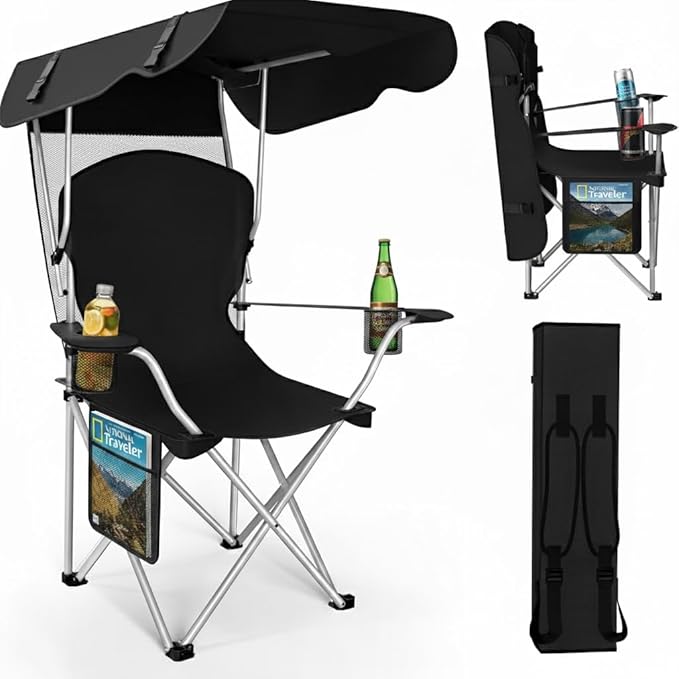 CozyBox Portable Folding Camping Chairs with Canopy Shade, Beach Chair for Adults, Durable Weather Resistant 600D Oxford Cloth, Camping Chair with Canopy for Outdoors [Black]