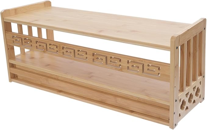Low 3-Tier Meditation Table with Drawer,Bamboo Altar Tables,Puja Desks,Tatami Desk,27.2”W,Wood Color