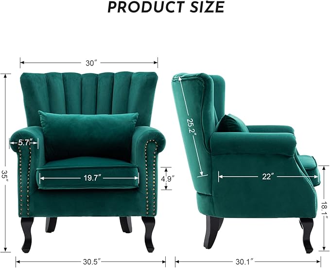 LZAREAL Accent Reading Arm Chairs Set of 2 Midcentury Modern Comfy Corner Sofa Chair, Wingback Waiting Room Club Chair with Tufted Back for Living Room/Bedroom/Reception Room, Velvet Green