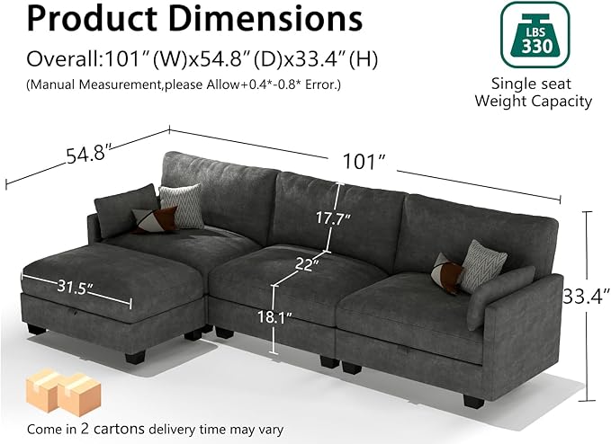 Modular Sectional L Shaped Sofa Couches for Living Room, Cloud Couch with Storage Ottoman, Comfy Chenille Sofa with Pillow, Dark Gray