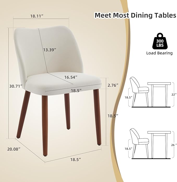 ElfinAura Dining Chair Set of 2, Linen Upholstered Dining Chair with Solid Wood Legs, Wing Backrest, Wooden Kitchen Chair, Kitchen Chairs with Thick Cushions for Dining Room, Living Room, White