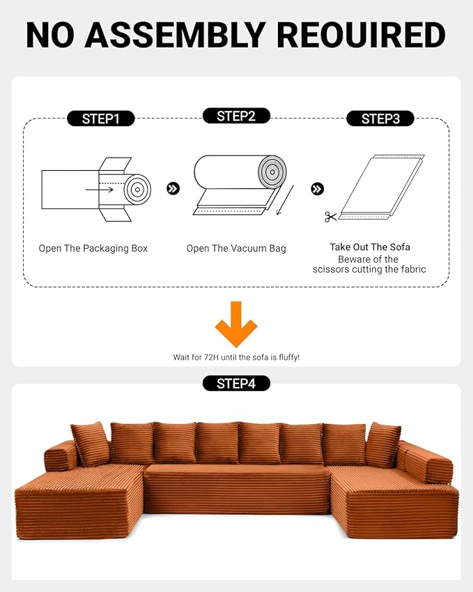 145" Oversized Cloud Boneless Sectional Sofa with Chaise, Corduroy U Shaped Modular Couch with Deep Seat, Fixed Frame Comfy Corner Sofa, No Assembly Required (Orange)