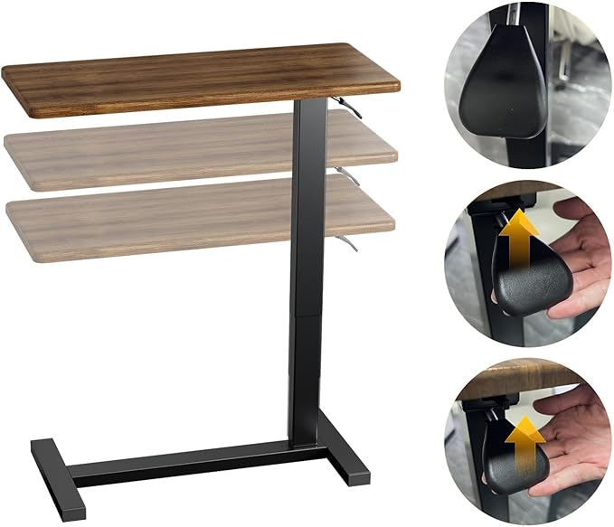 Overbed Bedside Table with Wheels Adjustable Hospital & Home Use Bed Table Rolling Movable Laptop Mobile Standing Desk Pneumatic Computer Cart Waterproof L-Shaped Steel Base Tray Tables,Brown