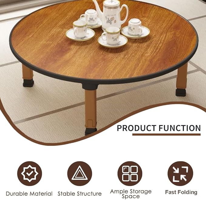 Japanese Foldable Coffee Table, Portable Low Tea Table Wooden Folding Dining Study Breakfast Serving Table Collapsable Small Desk Tatami Sitting On The Floor Table (27.6 * 11.8in, Round)