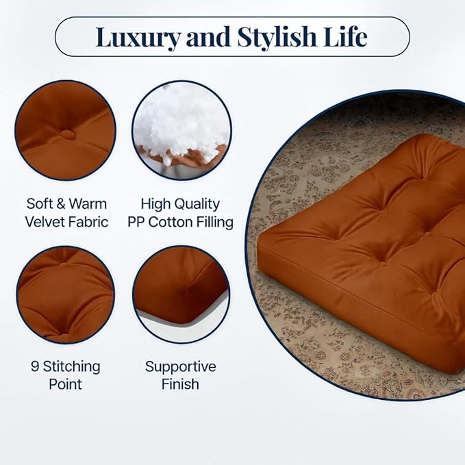 Velvet Floor Pillow Set of 2, Square Large Pillows seating for Adults, Brown Tufted Cushions for Meditation, Yoga, Tatami, Living Room, Chair, Machine-Washable & Dryer-Safe, Brown, 22x22 Inch