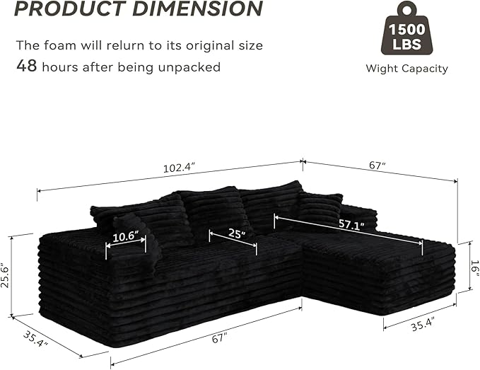 Sectional Cloud Boneless Couch for Living Room Bedroom, Modern L Shaped Modular Sofa with Right Facing Chaise, Comfy Deep Seat Memory Foam Couch in Box, No Assembly (Wide Striped Corduroy, Black)