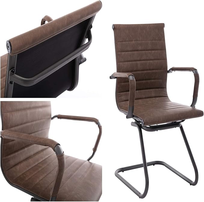 DM Furniture Office Desk Chair No Wheels Set of 6 PU Leather Computer Chairs Mid Back Guest Chairs for School Reception Conference Waiting Room, Vintage Brown