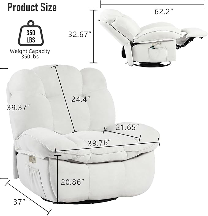 EDWELL Massage Swivel Recliner Chair, Oversized Rocker Recliner with Heated, Vibration Massage and Lumbar Heat Ergonomic Rocker Chair for Adults with Side Pocket, USB Charge Port, White