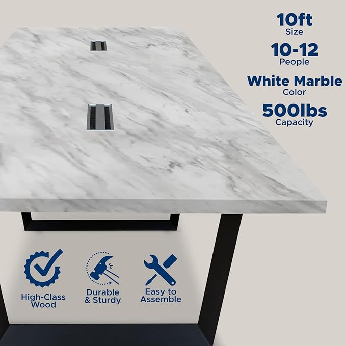 ahliss Sturdy Conference Table with Cable Management Grommets Modern Rectangle Office Meeting Table with Wood Tabletop and Metal Frame & Legs- Easy Assembly Boardroom Table (White Marble, 10 Foot)