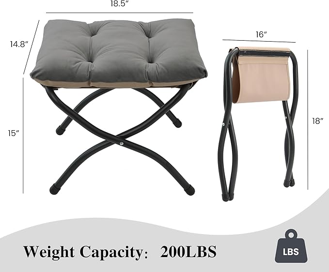 Mordchil HF 15"(H) Folding Ottoman, Foldable Footrest Stool, Portable Small Foot Stool for Couch, Collapsible Foot Rest Ottoman for Sofa, Accent Padded Ottomans for Living Room, Bedroom, Dark Grey