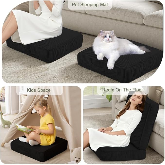 PRIMEPATIO Floor Pillow for Adults Set of 2, 4" Square Floor Cushions with Washable Cover, Large Corduroy Meditation Pillow, 22 inches Tatami Seat with Handle for Living Room or Yoga, Black