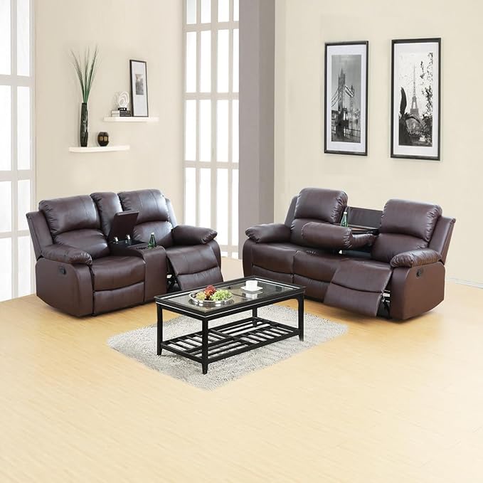 AYCP Bonded Leather Living Room Furniture Set Reclining Sofa Set Loveseat Furniture Sets in Living Room Sofa Recliners (Sofa+Loveseat, Brown)