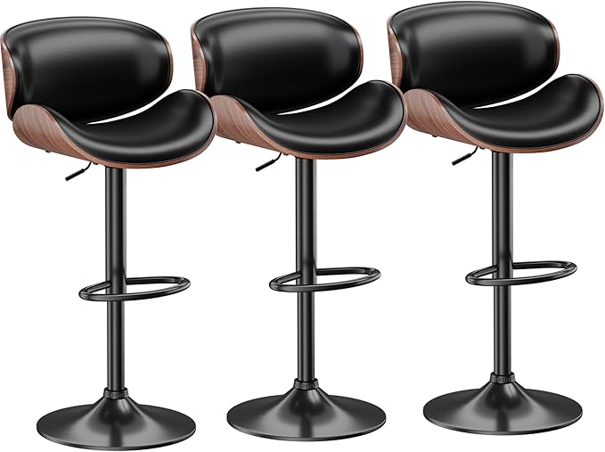 Aowos Bar Stools Set of 3, Adjustable Swivel Barstools Mid-Century Modern PU Leather Counter Height Bar Stool, Kitchen Island Barstools with Back (Black)