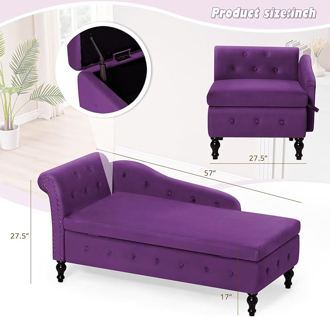 ACMEASE Velvet Chaise Lounge with Left Armrest & Storage Space,Button Tufted Lounge Chair w/Lumbar Pillow,Modern Upholstered Lounge Chair for Bedroom, Living Room and Office,Purpel