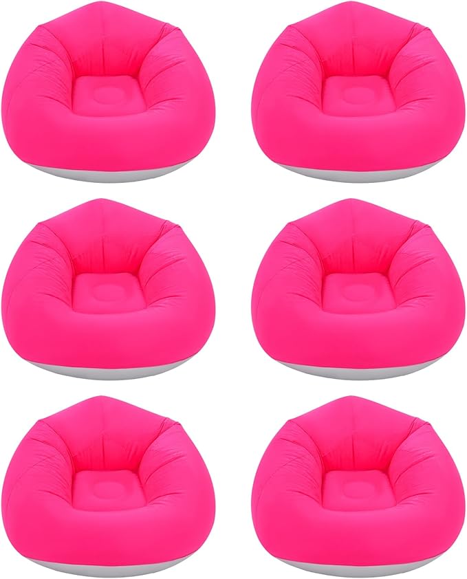 6 Pcs Bean Bag Chairs for Adults, Pink Inflatable Chairs with Foot Pump, Folding Blow Up Couch, Flocking Portable Lazy Sofa for Movie Night, Living Room, Camping, 220lbs Load Capacity