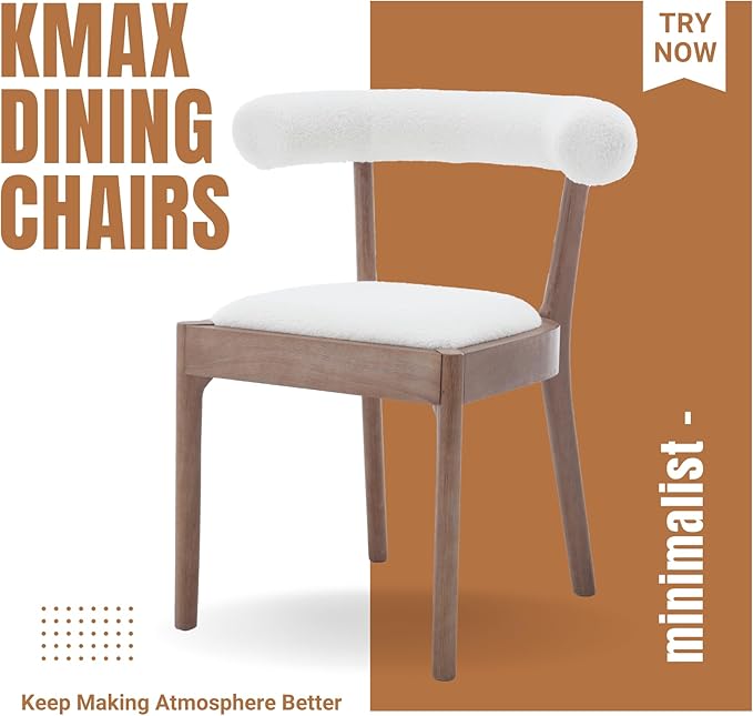 Kmax Dining Room Chairs Mid-Century Modern Sherpa Kitchen Chairs with Natural Walnut Finished Frame, Fur Curved Back, Set of 2, White