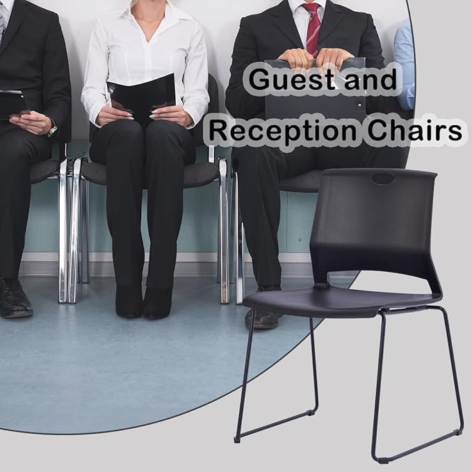Black Stacking Chairs Set of 4, Plastic Waiting Room Chairs with Sled Base, Modern Office Guest Reception Chair for Waiting Areas, Break Rooms and Conference Rooms, Black.