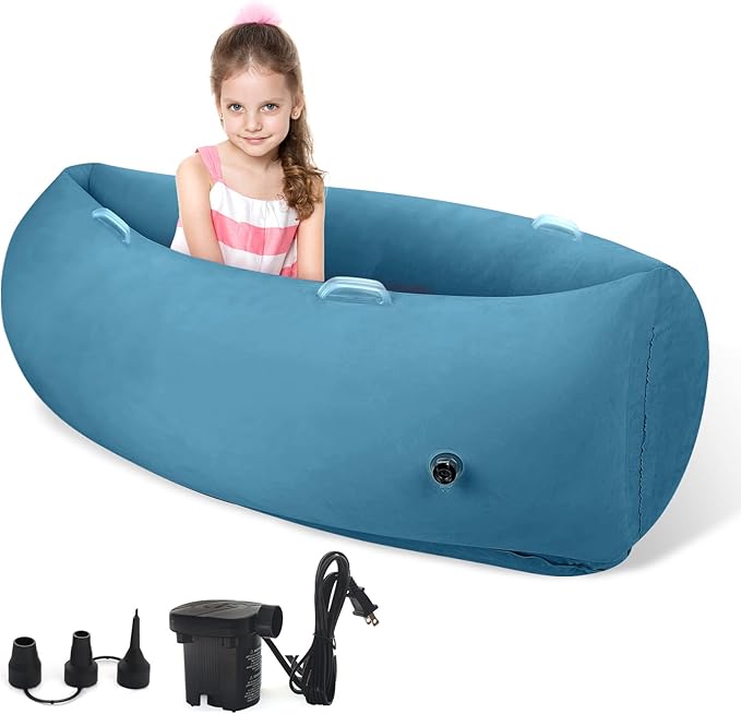 Toggloo Upgraded Sensory Chair for Kids — 60" Sensory Pod Sitting for Autistic Children, Peapod Canoe, Inflatable Peapod for Children, ADHD Sensory Pea Pod with Electric Air Pump,Light Blue