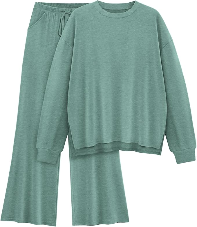 AmazingStar Womens Lounge Set 2025 Fall 2 Piece Outfits Long Sleeve Tops Wide Leg Long Pants Cozy Matching Sets Clothing