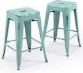 Vogue Furniture Direct 24 Inch Metal Bar Stools, Backless Counter Height Barstools, Indoor Outdoor Stackable Stools with Square Seat, Set of 2 (Distressed Mint Green)