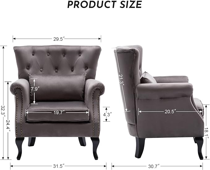 LZAREAL Accent Reading Arm Chairs for Living Room Bedroom, Midcentury Modern Comfy Corner Sofa Chair, Wingback Waiting Room Club Chair with Button Tufted Back &Lumbar Pillow, Velvet Grey