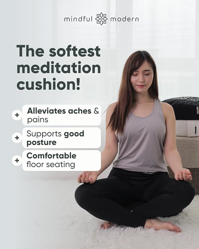 Mindful Modern Large Meditation Cushion for Zafu Yoga - Meditation Pillow for Sitting on The Floor - Buckwheat Hull Filled Yoga Cushion with Removable, Washable 100% Cotton Cover and Carry Handle