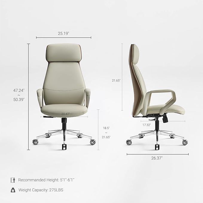 EUREKA ERGONOMIC Aric Executive Office Chair, High Back Computer Desk Chair with Lumbar Support, Premium PU Leather, Ergonomic Armrests, Height Adjustable Swivel Base (Beige)