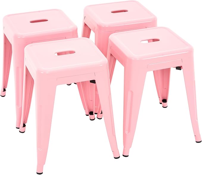 Brage Living 18 Inch Industrial Metal Stools Set of 4, Stackable Classroom Stools, Backless Metal Dining Chairs for Indoor Outdoor, Kitchen Short Stools (Pink)