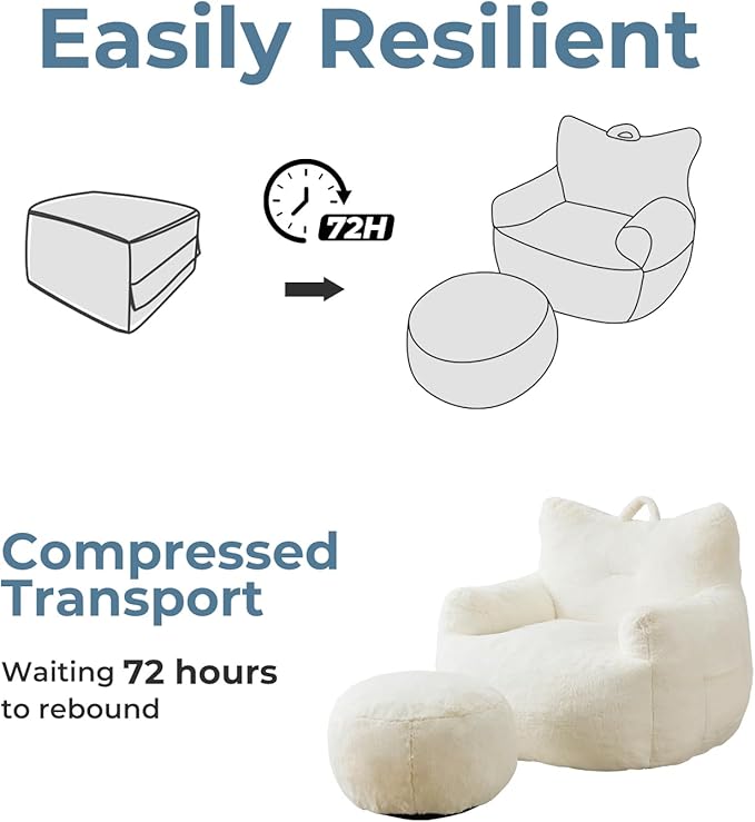 Giant Bean Bag Chair for Adults with Ottoman, Oversized Bean Bag with Filling Plush Fluffy,BeanBag Lazy Sofa Couch with Armrest for Living Room, Stuffed Floor Sofa with Sidepocket for Bedroom, Beige