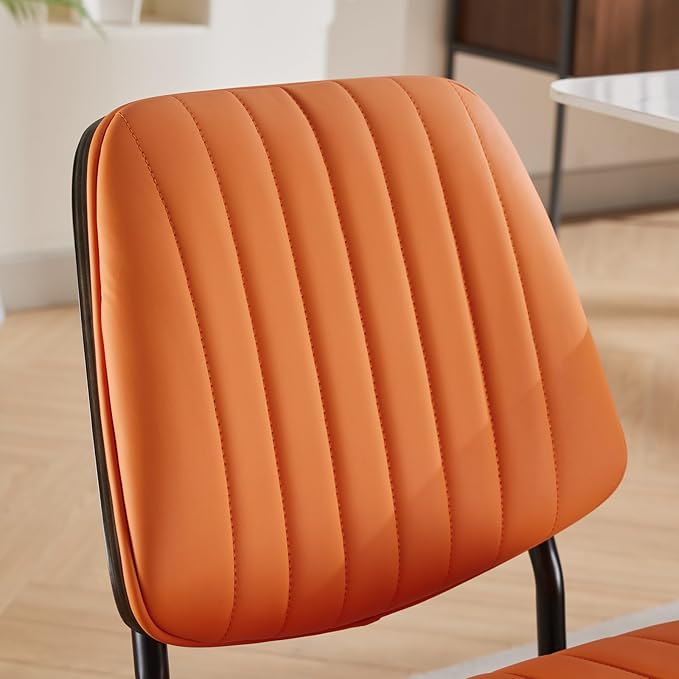 YaFiti Dining Chairs Set of 6, Mid Century Modern Accent Dining Room and Kitchen Chairs, Upholstered PU Leather Vertical Stripe Chairs for Vanity with Walnut Bentwood and Metal Legs, Orange