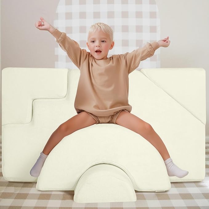 MeMoreCool Foam Climbing Toddler Couch, Modular Kids Sofa with Slide & Stair, Convertible Baby Couch for Playroom, Sectional Furniture for Crawling, Climbing, and Kids’ Play