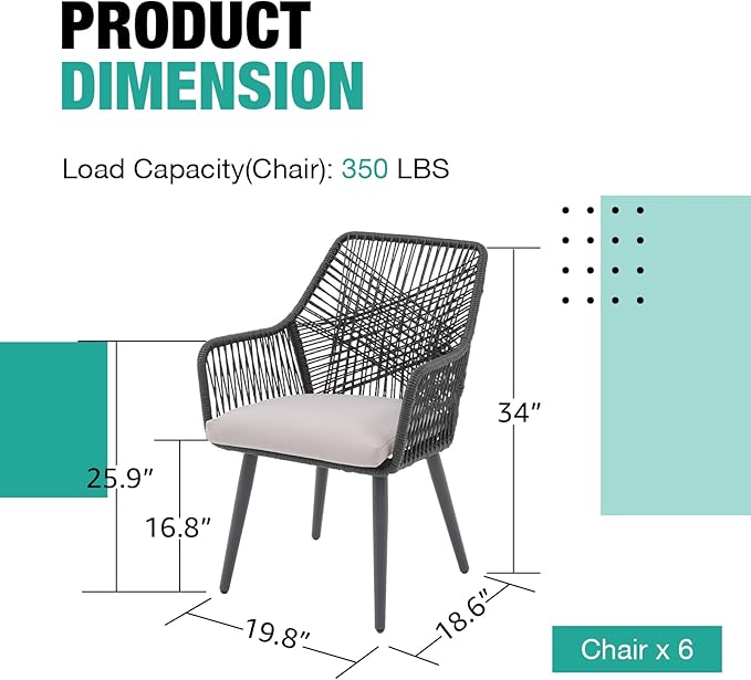 Patiorama Patio Dining Chair Set of 6, Woven Rope Outdoor Dining Chairs w/Steel Frame, All-Weather Twisted Rattan Chairs w/Armrest & Cushion, Outdoor Dining Wicker Chairs for Backyard Garden(Black)