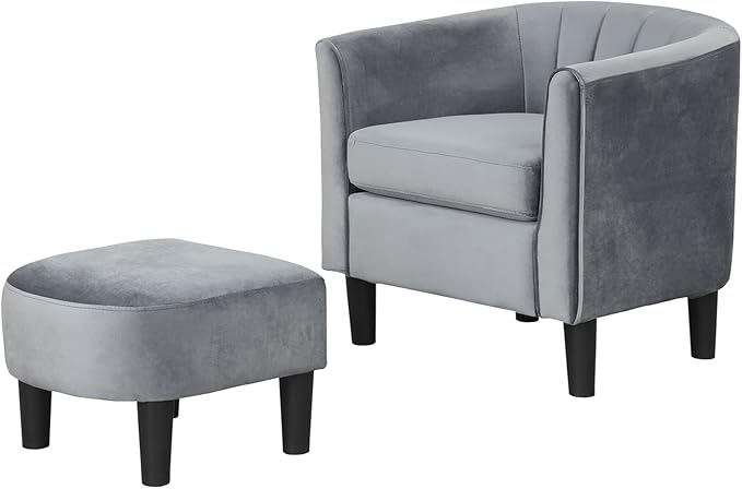 GOFLAME Accent Chair with Ottoman, Modern Velvet Fabric Barrel Chair with Footrest, Curved Backrest, Removable Seat Cushion, Upholstered Club Tub Sofa, Reading Armchair for Living Room, Bedroom, Gray