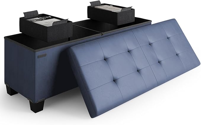 Storage Ottoman Bench with Bins, 43-in Storage Bench for Bedroom End of Bed, Folding Foot Rest Ottoman for Living Room Max 660lbs, Faux Leather Ottomans, Blue