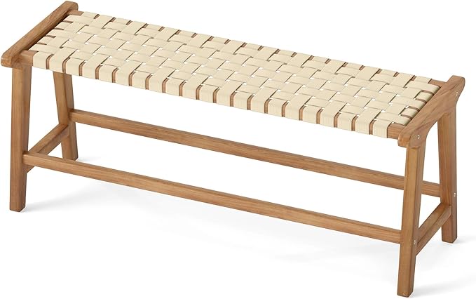 Tangkula Teak Wood Outdoor Bench, Patio Backless Wooden Dining Bench with Weave Seat, Solid Wood Legs, Indoor & Outdoor Wooden Bench for Porch, Backyard, Deck, Entryway (Natural,1)