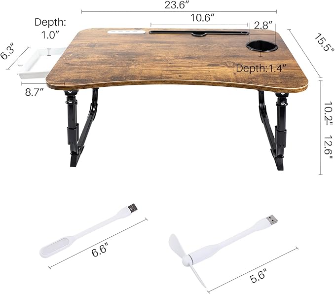 BYMECOST Laptop Desk for Bed, Height Adjustable Laptop Bed Table, Foldable Portable Lap Desk Stand with USB/Storage Drawer/Cup Holder/Slot, Breakfast Tray for Working Reading Writing Eating
