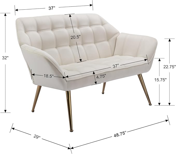 QUINJAY 48" Small Loveseat for Small Spaces, Modern Sherpa Mini Sofa Couch 2-Seater Velvet Love Seat with Quilting Back and Gold Legs for Living Room/Bedroom, Cream