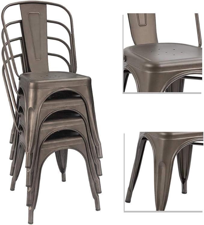 Devoko Metal Indoor-Outdoor Chairs Distressed Style Kitchen Dining Chairs Stackable Side Chair with Back Set of 4 (Gun)
