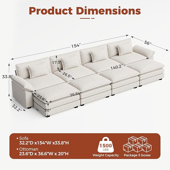 CDCASA 154" Oversized Modular Sectional Sofa Bed, Comfy Cloud Couch w/ 4 Movable Ottoman, 8-Seater Velvet Deep Seat Sofa Bed Modern Sofa Couch for Living Room, DIY Combination, Beige