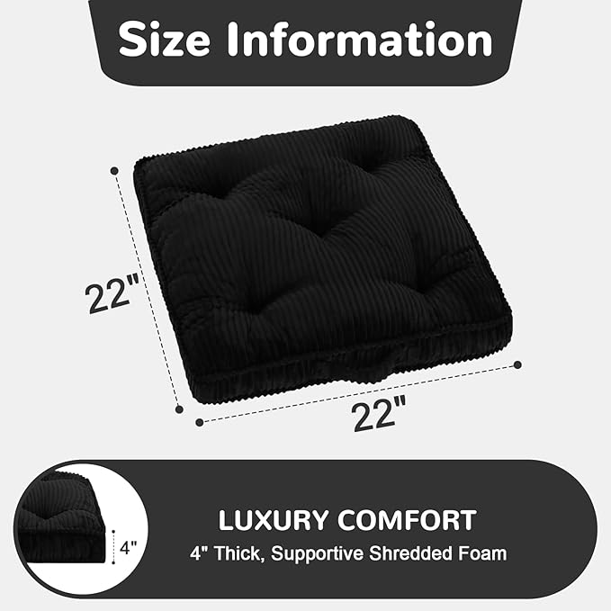 PRIMEPATIO Square Floor Pillow for Adults, Tufted Floor Cushion for Sitting, Large Meditation Cushion, Thick Corduroy Seat with Handle, Tatami Seating for Yoga, 22x22 Inch Black, 2Pack
