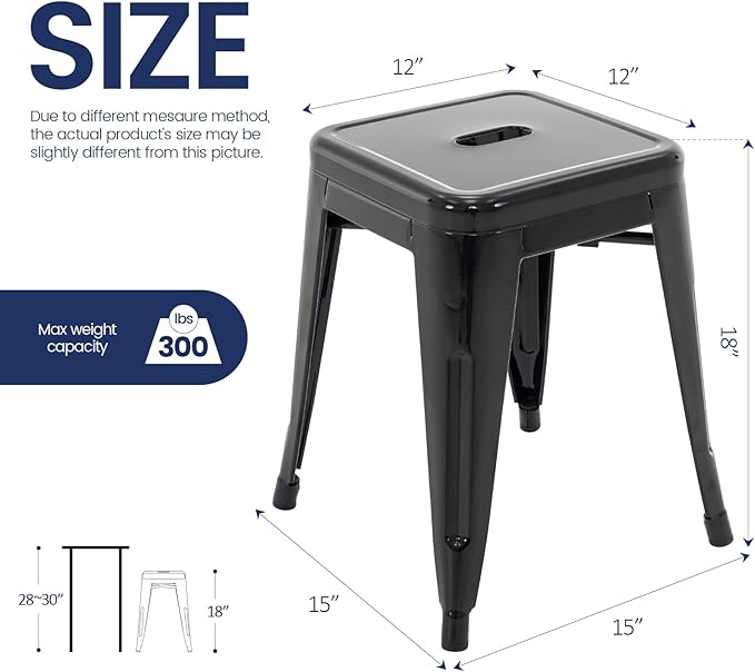Brage Living 18 Inch Industrial Metal Stools Set of 2, Short Stackable Classroom Stools, Backless Metal Dining Chairs for Indoor Outdoor Kitchen (Black)