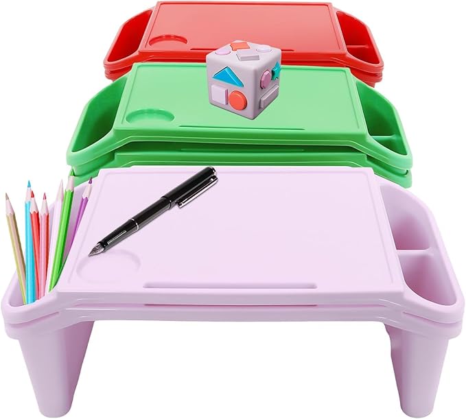 6 Pcs Kids Lap Desk Tray, Plastic Breakfast Lap Desk Trays with Storage Slots, Portable Stackable Lap Tray Tables for Writing Drawing Classroom, 19.69" L x 9.84" W x 7.1" H (Red+Green+Purple)