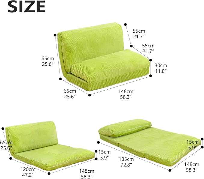N&V Folding Matress Sofa Bean Bag Bed, Foam Filling Folding Matress Sofa, includes Removable and Machine Washable Cover, Soft Premium Corduroy (Large, Lime)