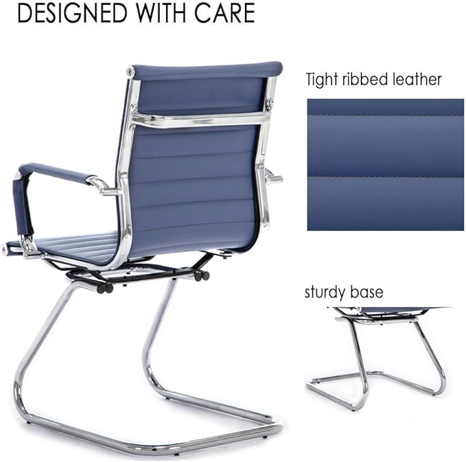 DM Furniture Office Desk Chair No Wheels Set of 6 PU Leather Computer Chairs Mid Back Guest Chairs for School Reception Conference Waiting Room, Navy Blue