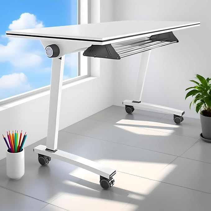Folding Conference Room Tables, Flip Top Mobile Training Table with Wheels, Mobile Dynamic Meetings Training Tables, Portable Office Executive Desk, Rolling Seminar Meeting Table (2, White, 55.1in)