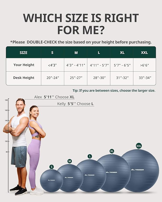 Trideer Exercise Ball for Yoga, Pilates & Fitness – Stability Ball Equipment for Home Gym & Office Chair, Core & Balance Training Accessories, Physical Therapy Equipment, Quick Pump Included, 5 Sizes