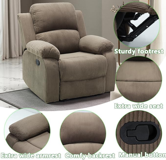 A Ainehome Corduroy Sofa Sets, Living Room Furniture Sets with Storage, Manual Recliner Couches Set, Reclining Sofa Couch and Chair Furniture Set for Living Room/Rv/House/Office, Taupe