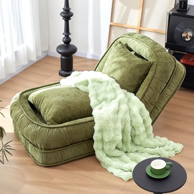 LouannTatami Foldable Lazy Sofa Bed Floor Chair - Adjustable Human Dog Bed for Adults Kids Floor Seats - Cozy Small Couch for Home Living Room (Green)