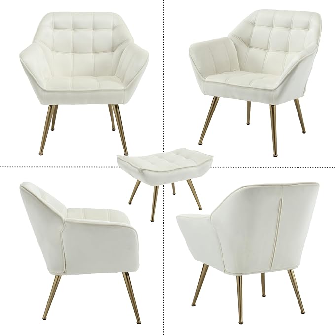QUINJAY Modern Velvet Accent Chair with Ottoman Set of 2, Upholstered Lounge Chair with Footrest, Comfy Living Room Chair with Gold Legs Accent Side Chair Armchair for Small Space Bedroom, Beige